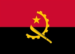[ai] The national flag of Angola, featuring three horizontal stripes: red on the top, yellow in the middle with a gear, machete, and star symbol, and black on the bottom.